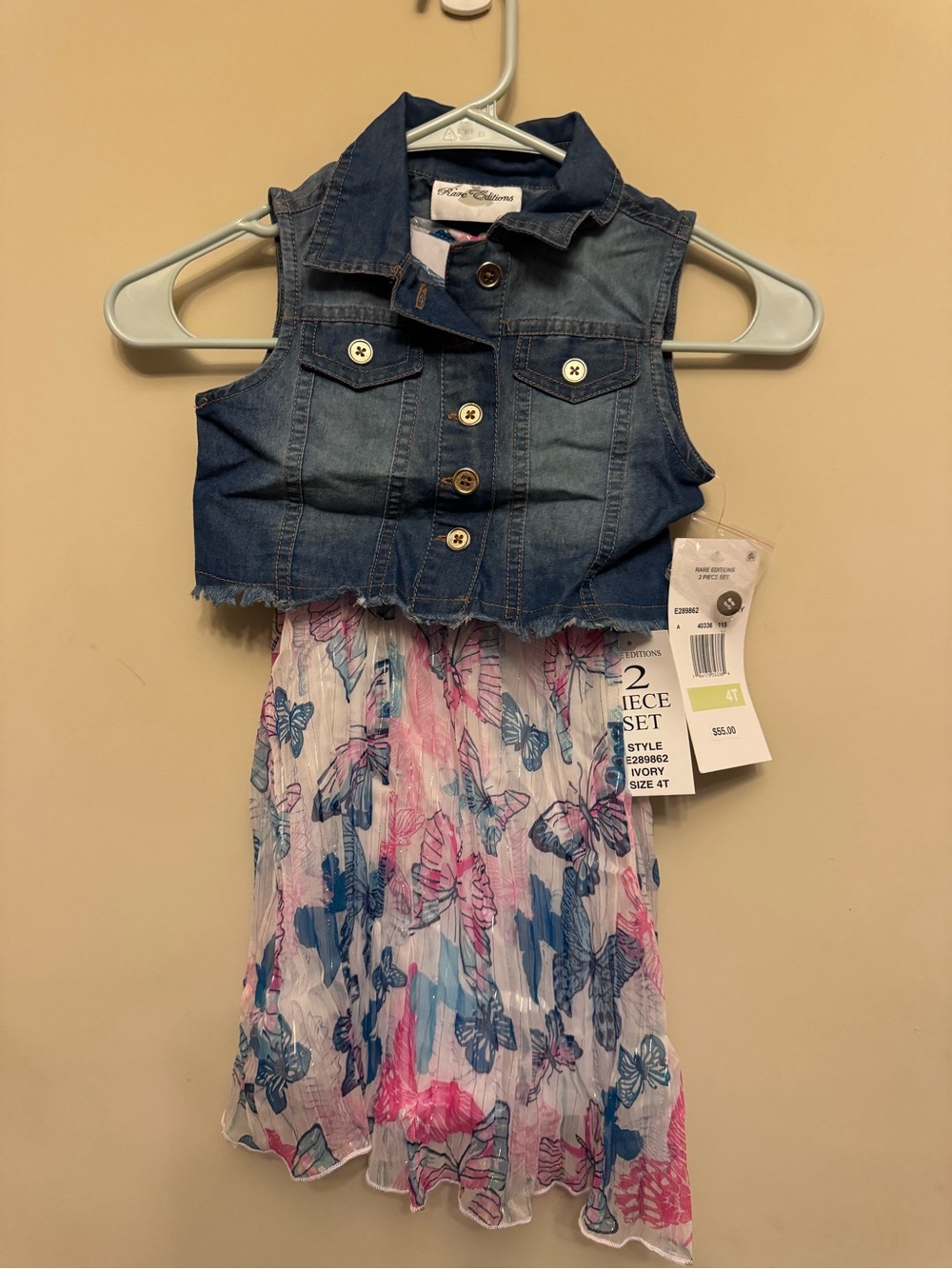 Rare Editions Blue Denim Vest with Pink & Blue Butterfly Dress